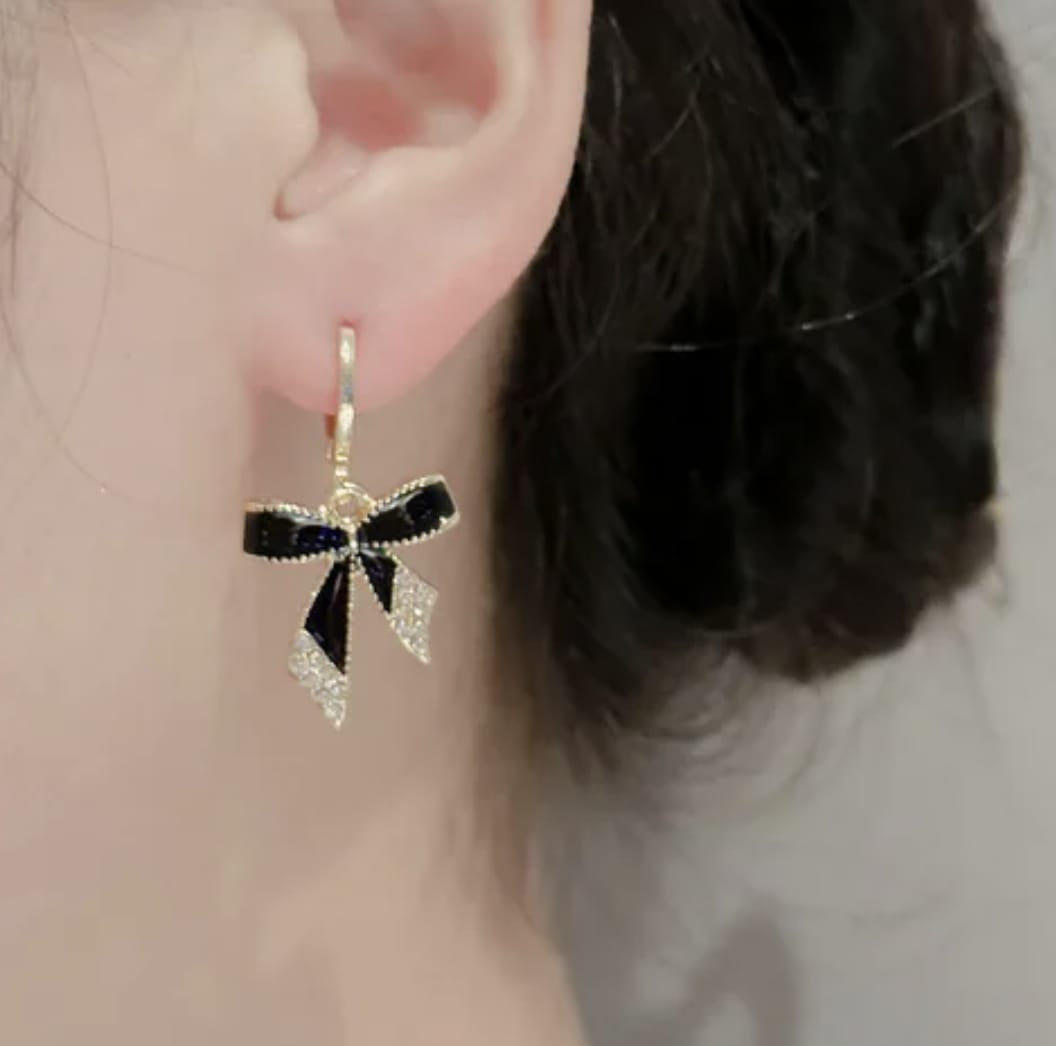 Black Bowknot Rhinestone Dangling Earrings
