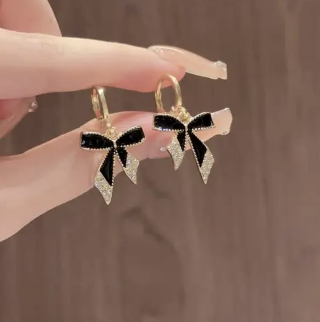 Black Bowknot Rhinestone Dangling Earrings