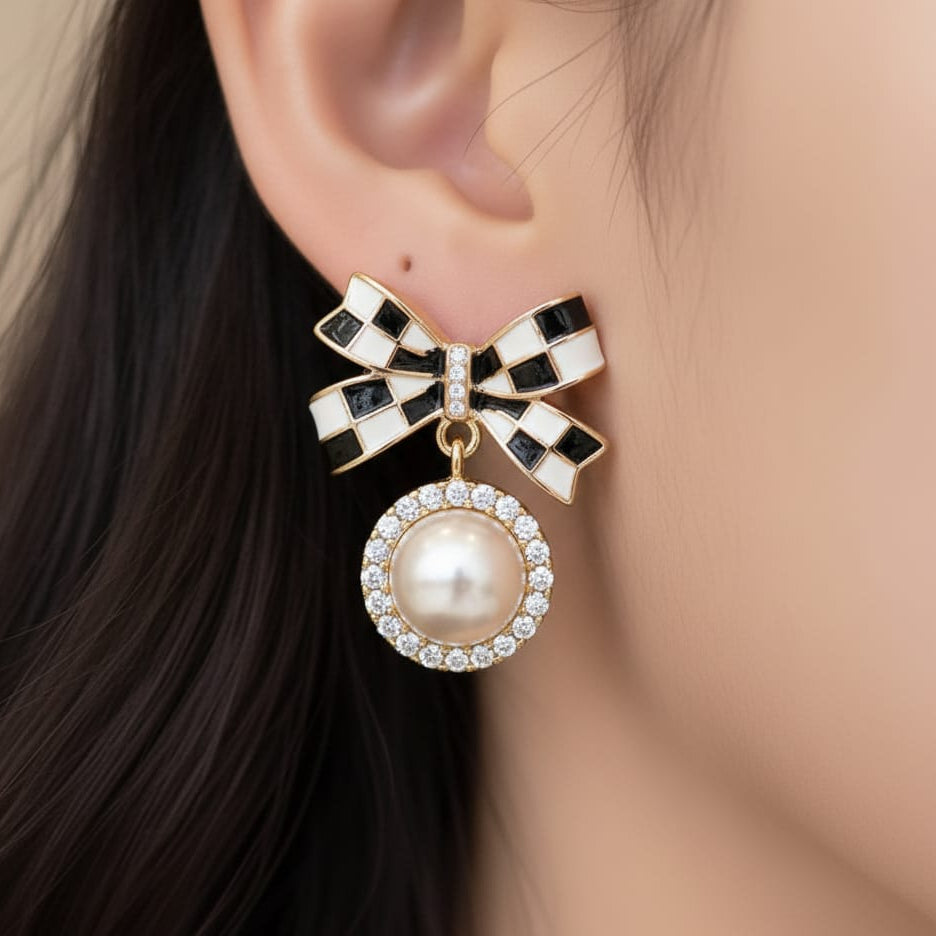 Victorian Checker Bow Earrings
