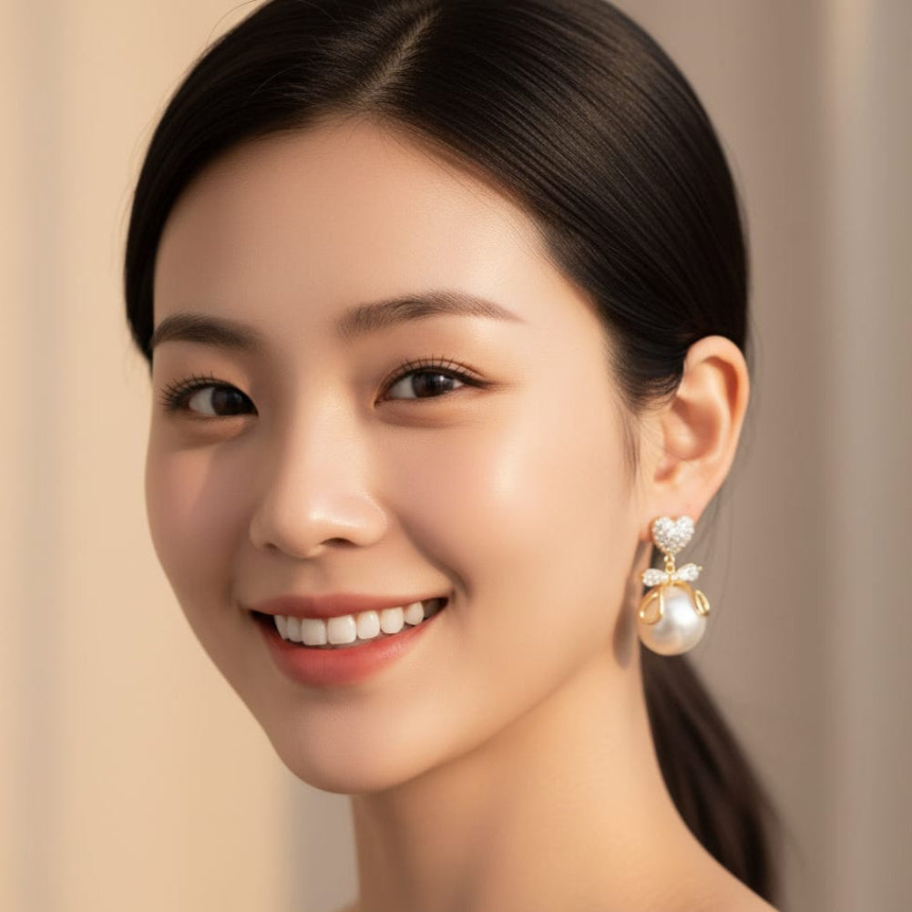 Golden Bow Pearl Earrings