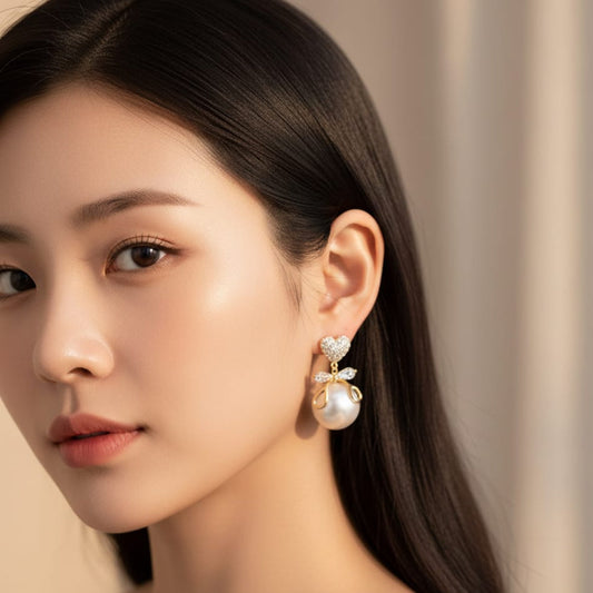 Golden Bow Pearl Earrings